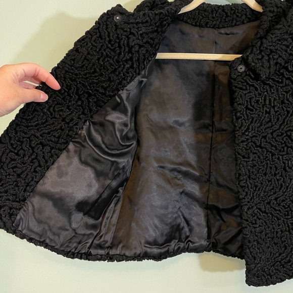 Women's Black Curly Lamb Wool Snap Button Winter Long Sleeve Lined Warm Coat M/L - Picture 4 of 9